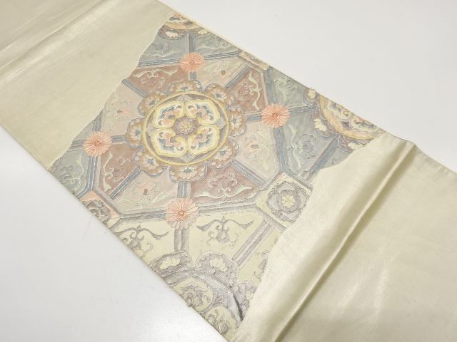 JAPANESE KIMONO / ANTIQUE FUKURO OBI / SILK / EMBROIDERY / FLORAL SHOKKO